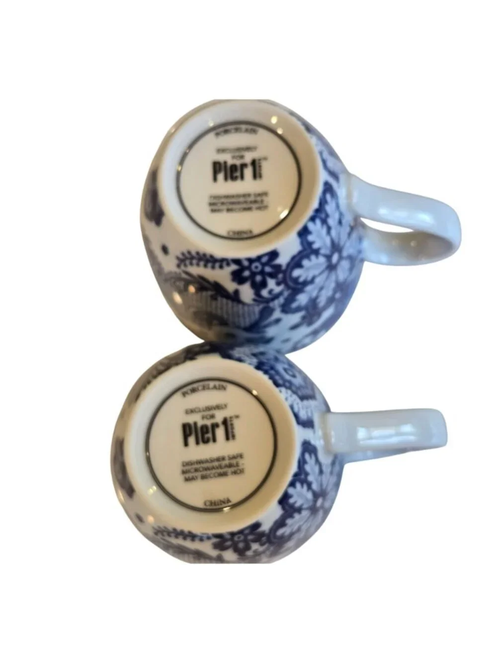 Pier 1 Blue White Floral Rabbit Bird Motif Porcelain Mugs Set of 2 *READ